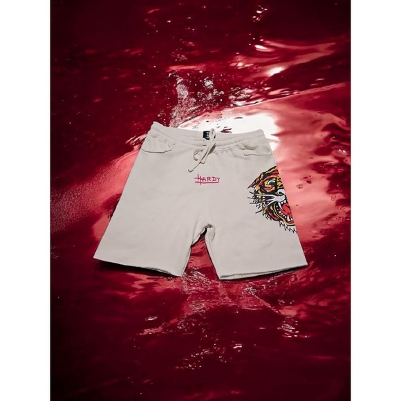 Ed Hardy Fleece Sweats Shorts Graphic Tiger Drawstring Cream Mens Size‎ L NWT - Picture 6 of 6